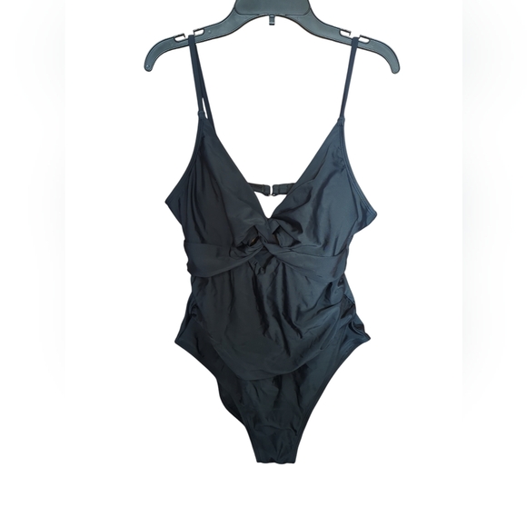 CUPSHE Womens Twist Front Cutout Ruched One Piece Black Swimsuit Beach Sz LG New - Picture 2 of 5